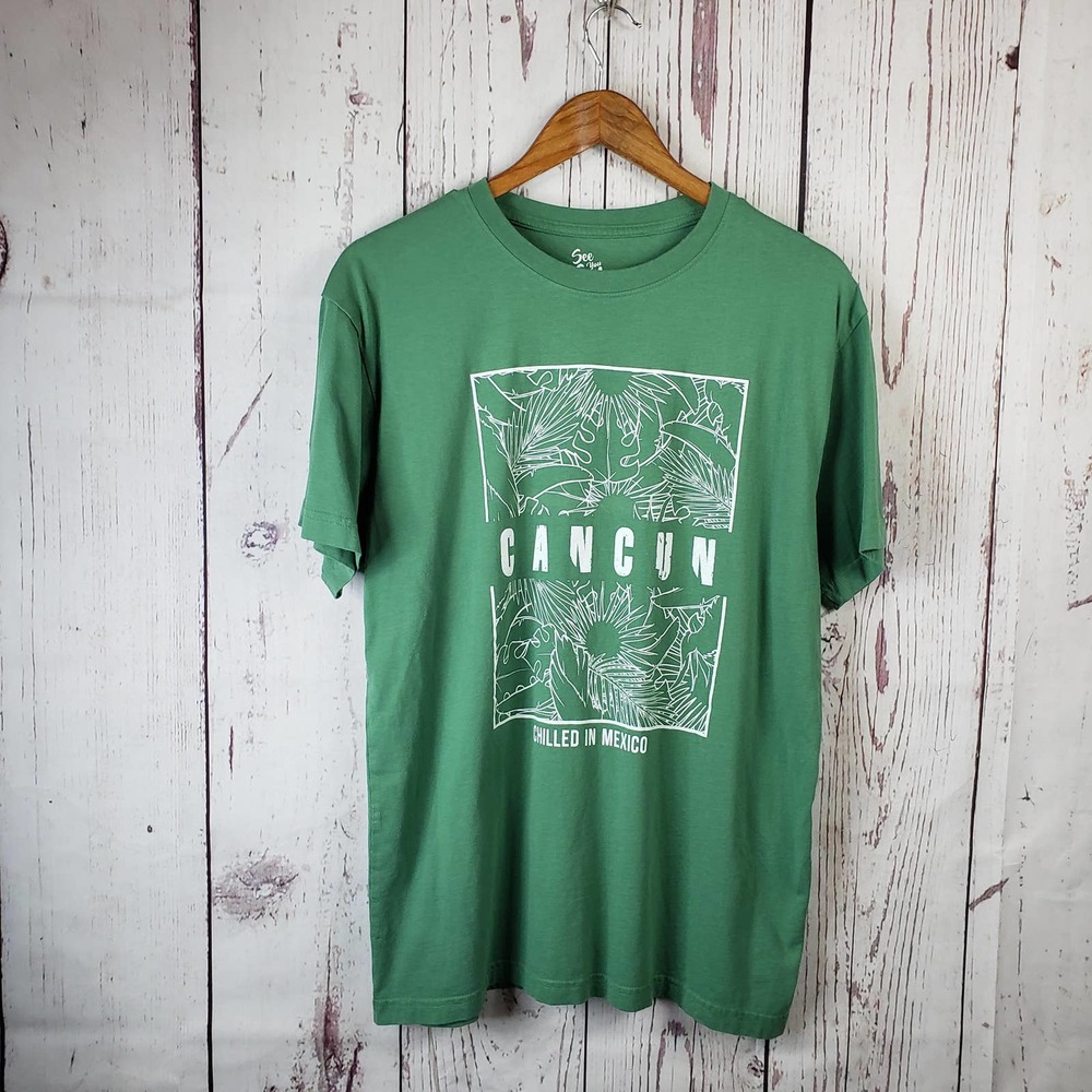 See You Soon Cancun Mexico T Shirt Mens Size Large Short Sleeve Cotton Green
